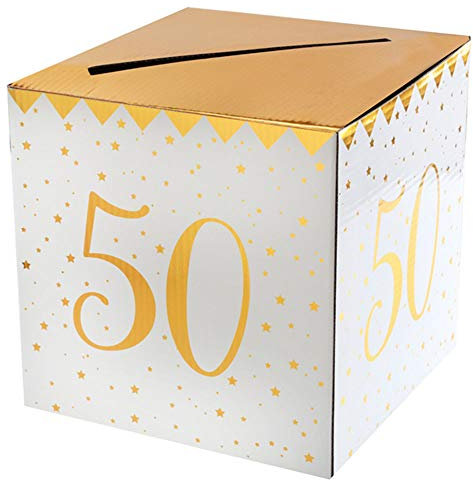 PAPSTAR Geldbox 50. Geburtstag, Gold-weiß, 20x20x20 cm