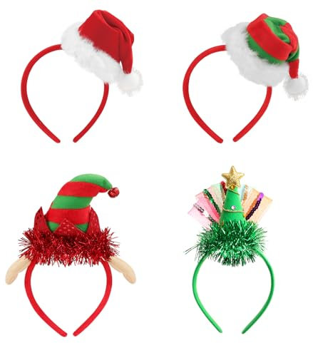 FRCOLOR 4PCS Weihnachts haarreifen Weihnachtsmütze Haarreif Weihnachtsbaum Stirnband Elfenhut Stirnband für erwachsene Kinder Cosplay Weihnachtsfeier begünstigt Zubehör