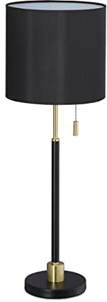Relaxdays Lámpara Mesa, Interruptor de Cadena, Luz Mesita Noche Elegante, Pantalla Tela, E27, 69 x 24 cm, Negro y Dorado