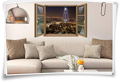Medianlux Wand-Tattoo Wand-Bild Fenster Dubai Skyline Nacht Luftaufnahme Aufkleber Folie Deko Wohnzimmer Küche Folie Digitaldruck, 90x58cm wb22wb995-132777