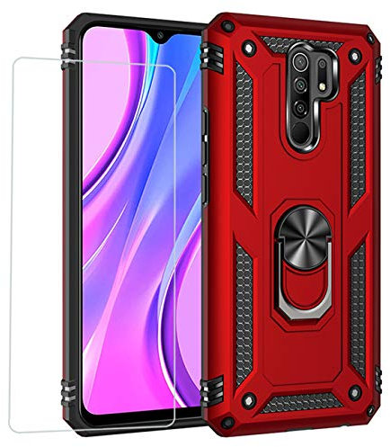 Joytag kompatibel Coque Xiaomi Redmi 9,Etui + Film de Verre trempé magnétique Support Armure Robuste Antichoc Silicone TPU 360 degré Cas de téléphone de Voiture Bumper-Rouge