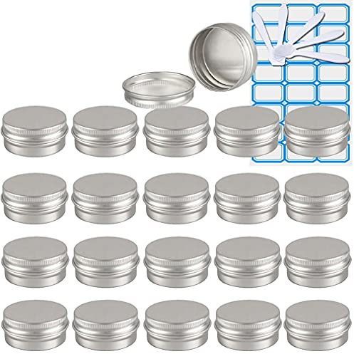 ZEOABSY 100 Stück Leere 10 ml Rund Silber Aluminium Tins mit Schraub-Deckel Schraubdose Cremedose Alu-Tiegel Dosen Aludose Blechdosen für Kosmetik Kerze Salben 10x Spatel, 4X Etikette
