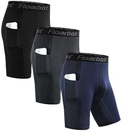 Roadbox 3er Pack Herren Kompressionsshorts, Schnelltrocknendes Baselayer Unterhose Tights Kurz Laufunterwäsche (as3, Alpha, x_l, Regular, Regular, Tasche:Schwarz, Grau, Navy Blau)