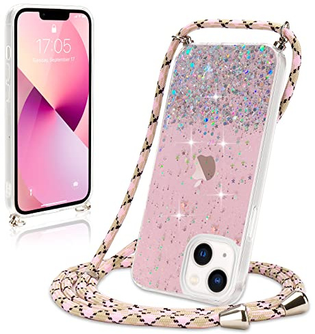 Wirvyuer Handyband Hülle für iPhone 13 Handyhülle mit Kordel Glitzer Schutzhülle mit Band zum Umhängen Halskette Silikon Case mit Schnur für iPhone 13 Rosa