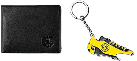 Borussia Dortmund, BVB-Ledergeldbörse, Schwarz, 0 & BVB-Schlüsselanhänger mit Einkaufschip & Öffner