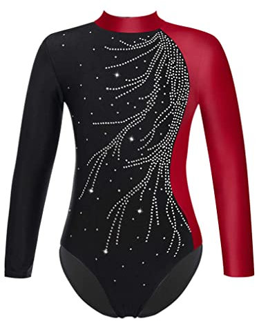 Oyolan Mädchen Langarm Gymnastikanzug Kinder Turnanzug mit Rundhals Pailletten Turnbody Gymnastiktrikot Turntrikot Gr.116-176 Burgundy 146-152