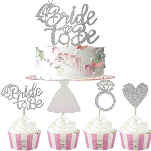 Bride To Be Cake Topper,12 Stück Silber Cupcake Topper Glitter Verlobung Deko Tortenstecker für Bridal Shower Supplies Bachelorette Party Dekorationen
