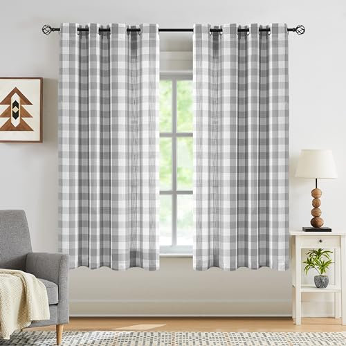 Jubilantex Grau-weiße Büffelkaro-Vorhänge, halbtransparent, Gingham-Karo-Muster, strukturierte Vorhänge, Vorhang, Bauernhaus-Ösen, Fenstervorhänge für Wohnzimmer, Schlafzimmer, Kinderzimmer, 2 Bahnen,