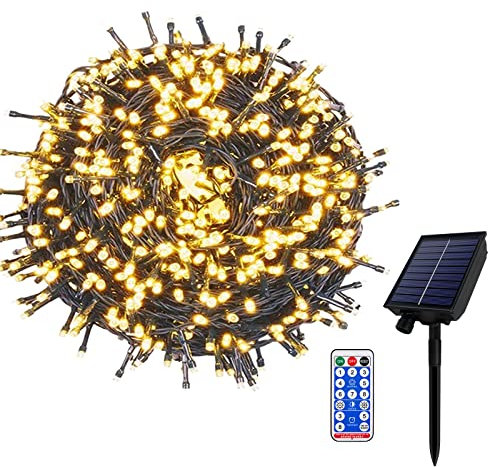 Aufun Solar Lichterkette Außen, 100M 1000 LED Solarlichterkette Wasserdicht Warmweiß 8 Modi Lichter mit Fernbedienung für Garten Party Balkon Terrasse Hochzeit Tor Hof Bäume Yard Haus Deko (100m)