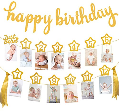 BonTiady Fotogirlande zum 1. Geburtstag, Baby Erster Geburtstag 1 Geburtstag Dekoration, Fotobanner Girlande, Fotobanner Mädchen/Jungen, Hängende Wanddekoration für Partydekoration, Babyparty, Taufe.