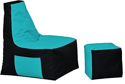 MB MILLINDABAG – Optimal Sitzsack mit Lehne & Hocker - für Kinder und Erwachsene – Sessel – Kissen – Indoor & Outdoor – Gaminggeignet & bereits gefüllt - Sitzkissen Bodenkissen (Schwarz - Türkis)