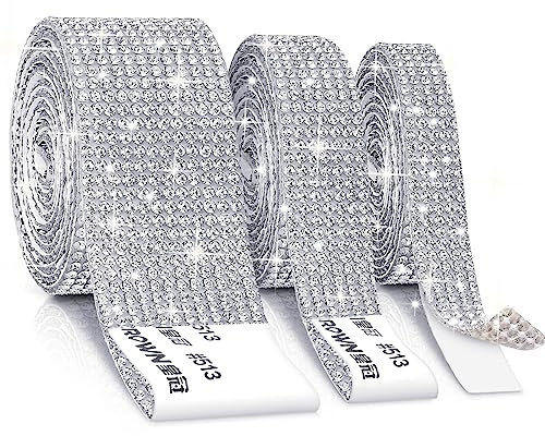 Cludoo 3 Rollen Strass Bänder, Silber Selbstklebende Strass Streifen, Diamant Strass Rolle Strass Band Bling Wrap, Bling Aufkleber Strasssteine für Handwerk Dekoration Auto DIY Hochzeit Party