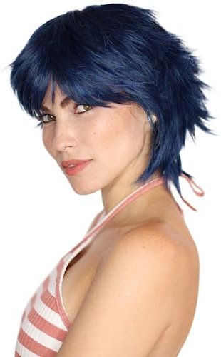 Prettyland Damen Herren Kurze Perücke Fransige Gestuft kurzhaar-Perücke blau blau-schwarz Wig C1268