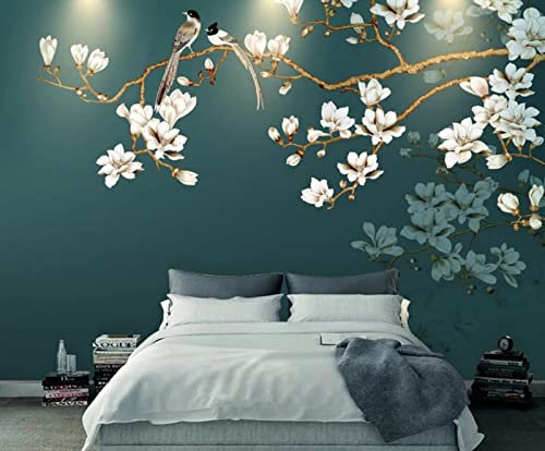 Papier Peint Panoramique Fleurs Et Oiseaux Modernes De Cour Peints À La Main Papier Peint Intissé 3D Tapisserie Poster Decoration Murale Chambre Salon