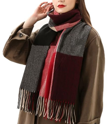 NLAND Schals Tücher für Damen Kariert Poncho Weich Hochwertig Winter Strick Schal mit Quasten (Weinrot, Einheitsgröße)