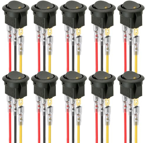 ETOPARS 10 Stück 12V 20A Kippschalter Auto Rund Wippschalter Gelb Light Beleuchtet Schalter Kfz Wasserdicht EIN/AUS Druckschalter 3 Polig Mit Kabel Draht