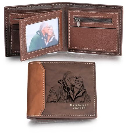MunkiMix Personalisierte Foto Leder Bifold Geldbörsen für Männer Benutzerdefinierte Gravierte Skizze Bild/Text Herren Geldbörse Geschenke für Ihn Vater Freund Ehemann Sohn (B2-2 Texte, Dunkelbraun)