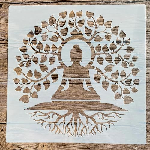 Stencil a forma di foglia, 30 x 30 cm, motivo mandala, albero della vita, per pittura da parete, album da colorare, incidere, modello decorativo, stile 3