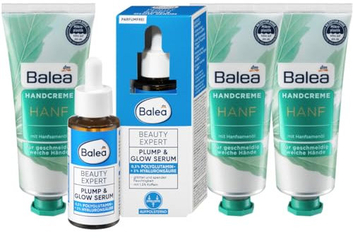 Balea 4er-Set Hautpflege: Beauty Expert Serum PLUMP & GLOW glättet & spendet Feuchtigkeit mit Hyaluronsäure (30 ml) + 3 x Handcreme HANF intensive Pflege mit Hanfsamenöl (3 x 75 ml), 255 ml