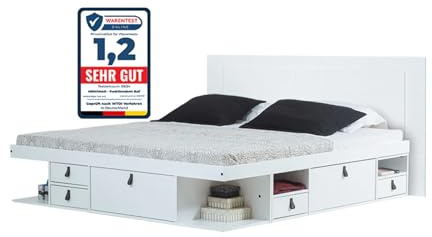 Bett mit Stauraum 160x200 + Platzsparendes Kopfteil + Lattenrost: Set Bali Weiss. Doppelbett mit Bettkasten u. Ultra dünnes Kopfteil. Möbel aus MDF Weiss lackiert, optimal f. kleine Schlafzimmer