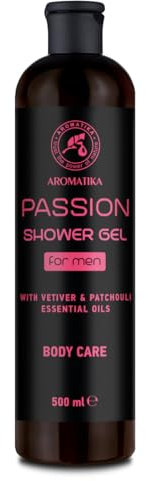 Gel Douche Homme Passion 500 ml - Gel à l'Huile Essentielle de Vétiver - Huile Essentielle de Patchouli - Soin de la Peau - Nettoyant et Soin - Parfum Frais - Arôme Masculin - Nettoyant Corps pour Lui