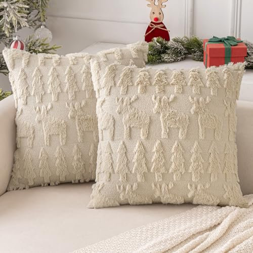 MIULEE Weihnachten Kissenbezug Weihnachtstag 2er Set Kurz Wolle und Samt Kissenbezüge Deko Luxuriöses Winter Zierkissenbezug für Sofa Schlafzimmer Wohnzimmer, Elch-Muster, Beige, 45x45cm