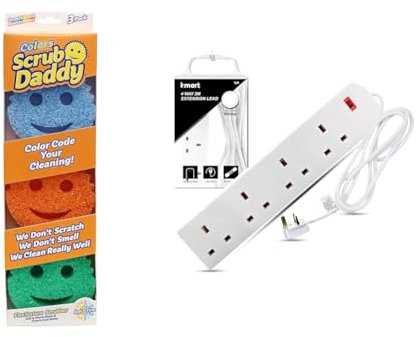 Scrub Daddy Colors, Sponge Scrubber Multipack, Dish Sponges for Washing Up, Texture Changing Non & Heavy Duty Extension Lead UK Pin Plug and Cable, 4 Gang Way 2m Power Adapter