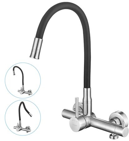 LakeBayMZC Grifo de Cocina Pared con 2 Modos,Grifería Monomando Rotación de 360°con Interfaz de Lavavajillas/Lavadora 3/4,Acero Inoxidable 304 Cepillado