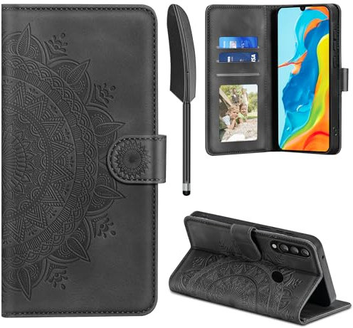 EASDNB Lederhülle für Huawei P30 Lite, Flip Wallet PU Leder Case [Kartenfach] [Magnet] [Standfunktion] Prägung Schwarz