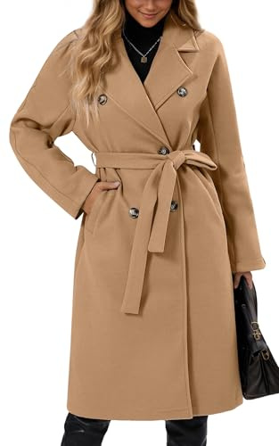Maeau Langer Mantel aus Tweed, für Damen, zweireihig, Herbst, Winter, lange Jacke, warm, elegant, lässig, langer Trenchcoat mit Gürtel, Größe S bis XL