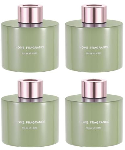 HARFINGTON 4pcs Empty Glass Diffuser Bottle 140ml/4.7oz Refillable Fragrance Accessories Aromatherapy Jar Container for Replacement Reed Diffuser DIY Home Bathroom Green with Gold Tone Cap