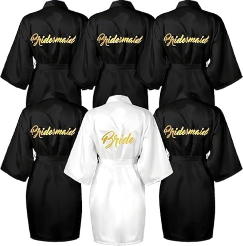 LYCN Accappatoio da donna, 6 pezzi, per addio al nubilato, accappatoio da donna, in raso, con ricamo dorato, per sposa, regalo per damigella d'onore, festa in piscina, pigiama party (5 bianco, 1 nero