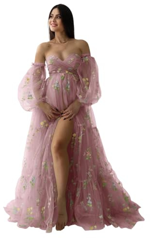 Beyonddress Blume Stickerei Tüll Umstandskleider Robe Mutterschaft Kleid für Fotoshooting Puffy Sleeve Baby Dusche Kleid,Dusty Rose,2XL