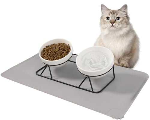 Vikcvcsc - Cuenco de cerámica para gatos (2 unidades, soporte de metal), diseño de gato