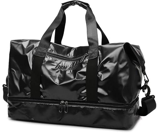 LEcylankEr Bolsa Deporte Grande con Compartimento para Zapatos, Bolsa de Viaje Impermeable para Mujer, Bolsa Gimnasio con Mojados Compartimento para Entrenamiento Viajes Compras (Plata) (Negro)