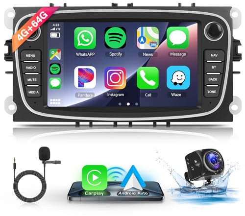 Hodozzy 4G+64G Car Stereo for Ford Focus S-Max Mondeo Galaxy C-Max Kuga, Android Car Radio with Wireless Carplay Android Auto, 7 Inch Touchscreen with GPS Wifi Bluetooth FM/RDS DSP Canbus Camera