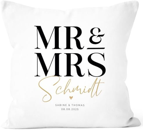 SpecialMe® Kissen-Bezug personalisiert Hochzeit mit Namen und Datum Schriftzug Mr und Mrs Hochzeitsgeschenk Kissenhülle Weiss Standard