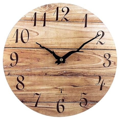 Plumeet Analoge Funk-Wanduhr, 40.6cm Rahmenlose Hölzerne Wanduhren mit Leisem Quarzwerk, Rustikale Landhaus-Walnuss-Uhren Dekorativ für Schlafzimmer Wohnzimmer, Braun