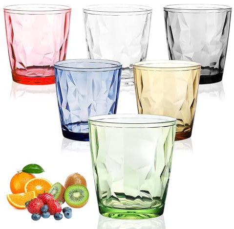 Wassergläser aus Kunststoff Bunte Trinkgläser Set 330ml Camping Gläser 6er | Plastikbecher Mehrweg Camping Becher Unzerbrechliche Kunststoffgläser für Kalte Heiße, Stapelbar Wassergläser für Innen Außen