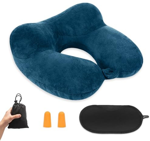 Aufblasbares Reisekissen, Nackenkissen Aufblasbar, Reisekissen Aufblasbar, Nackenkissen Flugzeug Aufblasbar mit Schlafmaske/Ohrstöpsel, Weicher Samt Nackenstütze für Reisen, Flugzeug, Auto, Büro