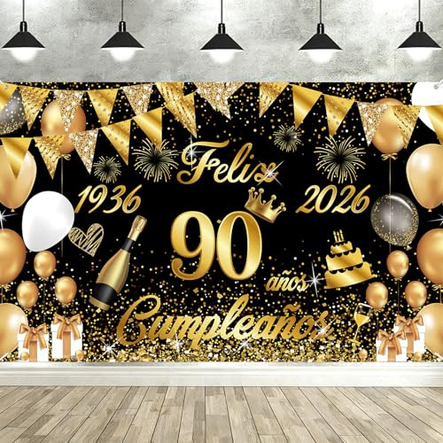 Pancarta Feliz Cumpleaños 90 Anos 1936-2026, Seutgjie Happy Birthday Decoracion para Mujer Hombre para Fiesta Cumpleaños 90 Oro Negro 180 x 110 cm