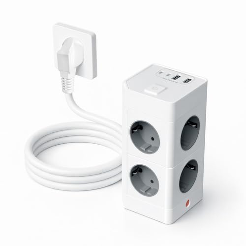 URLINE 8 Fach Mehrfachsteckdose mit USB C,Verlängerungskabel 2M mit 4 USB,Mehrfachstecker 3600W,Steckdosenwürfel mit Schalter, Steckdosenleiste Überspannungsschutz,Steckerleiste für Zuhause,Büro,Weiß