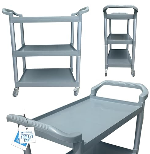 TDBS The Dustpan and Brush Store 3 Tier Trolley on Wheels - Catering Serving Trolley Versatile & Durable Plastic with 4 Wheels & Handle, Perfect for Kitchen, Storage, Tea, Food Serving