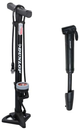 Dunlop Fahrradpumpe mit Manometer und Mini Fahrradpumpe Set - Standpumpe 180 PSI mit Adapter - Kompakte Handpumpe für Unterwegs - Für Presta Dunlop Schrader - Schwarz