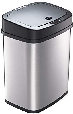 Ninestars DZT-12-5 Poubelle automatique sans contact avec détecteur de mouvement infrarouge pour chambre ou salle de bain, 12 l, base en acier inoxydable (rectangulaire, couvercle noir)