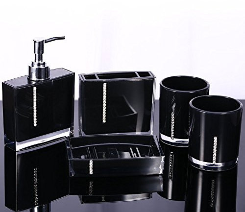 5tlg Badezimmer Zubehör Set, Badset mit Emulsionflasche, Zahnbürstenhalter, Seifenschale und 2 Gurgeln Tasse, Badezimmer-Toiletten-Set, Schwarz
