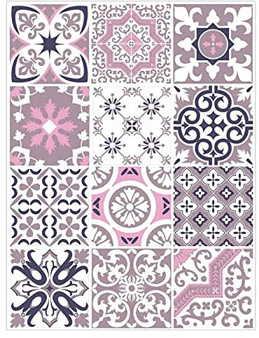 | Stickers Carreaux Muraux | Planche de 12 Stickers Autocollants Adhesifs Carrelage - Carreaux de Ciment - PINKMONKEY - Dimensions d'un Sticker : 15 x 15 cm - Meubles Cuisine Salle de Bains ...