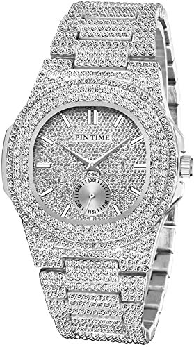 Gosasa Orologio da polso unisex, con cristalli, stile hip-hop, in acciaio inox, stile cubano, X Argento, hip hop neutro