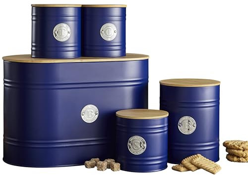 Neo Home Scandi Bamboo Wood Lid and Matt Finish Badge 5 Kitchen Countertop Canisters Jars Tins Set Tea Coffee Sugar Biscuit Bread Bin Box Food Storage Organiser (Navy)