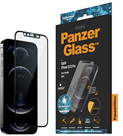 PanzerGlass™ Screen Protector mit Kamera Abdeckung für iPhone 12 12 Pro, vollständige Abdeckung, Case Friendly, Anti Fingerabdruck, Kamera Schieber iPhone, Smartphone Displayschutz